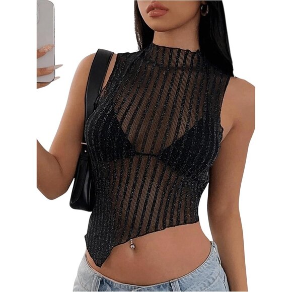 Tops - Women's Sheer Mesh Top Glitter Mock Neck Asymmetrical Sleeveless Crop